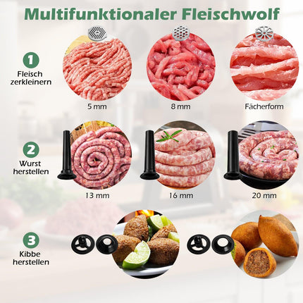 Electric Meat Grinder 2000W, 3 Sausage Tubes, Kebbe Set