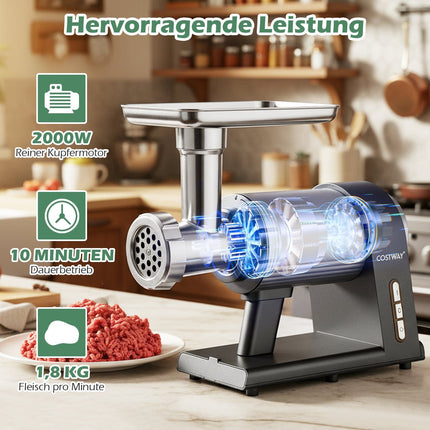 Electric Meat Grinder 2000W, 3 Sausage Tubes, Kebbe Set
