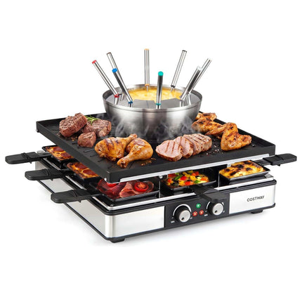Electric Raclette Grill & Fondue Set, 2200W, Non-Stick, 8-Person