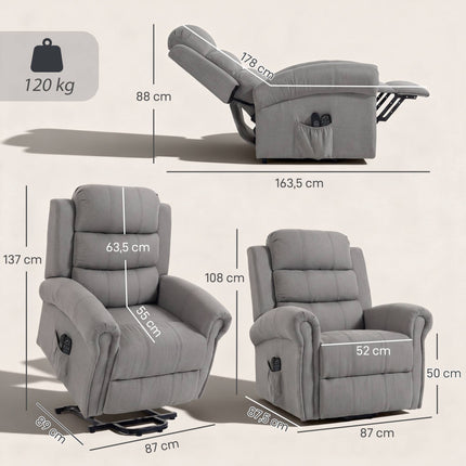 Electric Recliner Chair with Lift, Massage & Heat, Light Grey