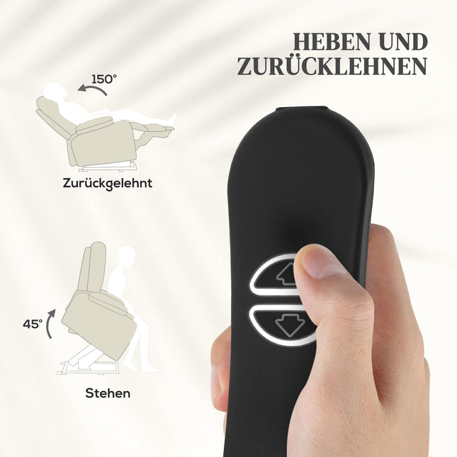 Elektrische relaxfauteuil met liftfunctie, massage, verwarming, USB-aansluiting en crèmekleurige afwerking.