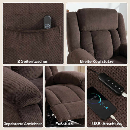 Electric Recliner Chair with Lift, USB, and Side Pockets, Brown