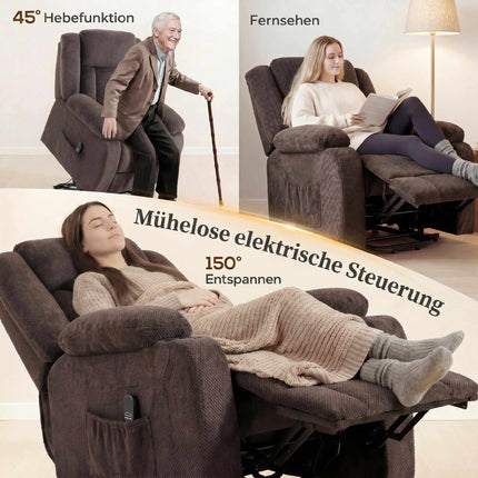 Electric Recliner Chair with Lift, USB, and Side Pockets, Brown