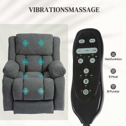 Electric Recliner Chair with Massage & Heat, Grey Velvet