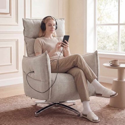 Electric Recliner Chair with USB Ports, Beige Linen Fabric