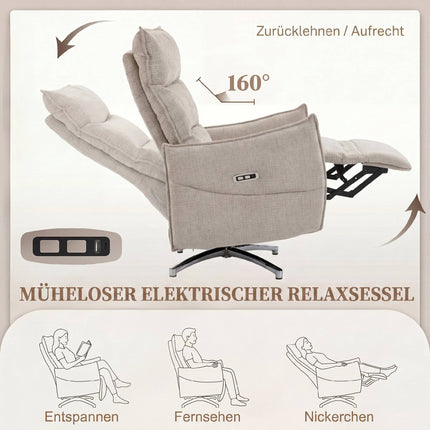 Electric Recliner Chair with USB Ports, Beige Linen Fabric