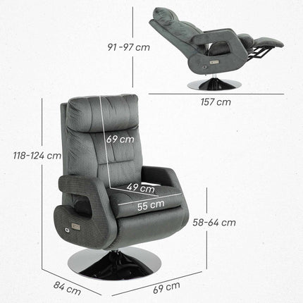 Electric Recliner Chair with USB, Velvet, Swivel, Grey