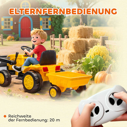 Electric Ride-On Digger with Trailer, 12V, Ages 3-8, Yellow