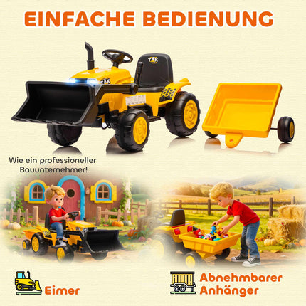 Electric Ride-On Digger with Trailer, 12V, Ages 3-8, Yellow