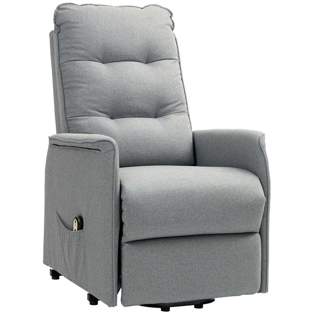 Elektrische tv-fauteuil met sta-op-hulp, relaxfauteuil met ligfunctie, tv-fauteuil met afstandsbediening, zijvak, pocketvering en linnenlook voor woonkamer, tot 150 kg, grijs Aosom