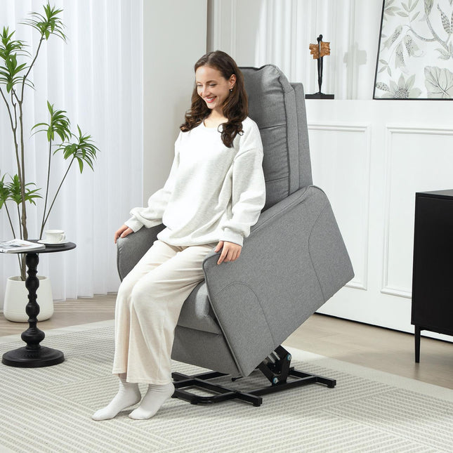 Elektrische tv-fauteuil met sta-op-hulp, relaxfauteuil met ligfunctie, tv-fauteuil met afstandsbediening, zijvak, pocketvering en linnenlook voor woonkamer, tot 150 kg, grijs Aosom