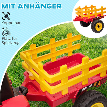 Red electric tractor car for children with trailer and remote control