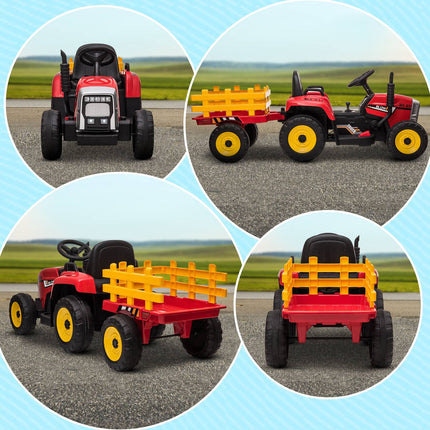 Red electric tractor car for children with trailer and remote control