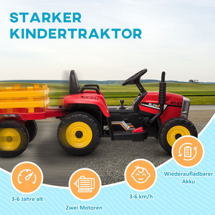 Red electric tractor car for children with trailer and remote control