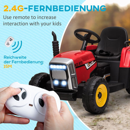 Red electric tractor car for children with trailer and remote control