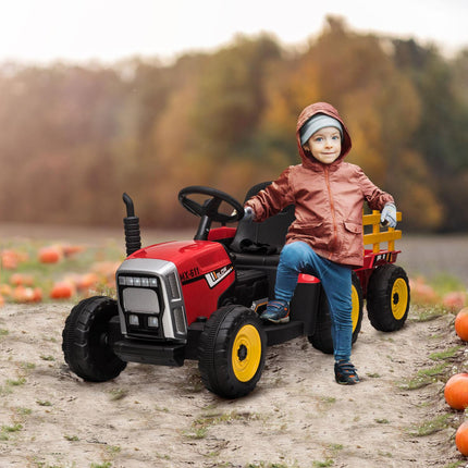 Red electric tractor car for children with trailer and remote control