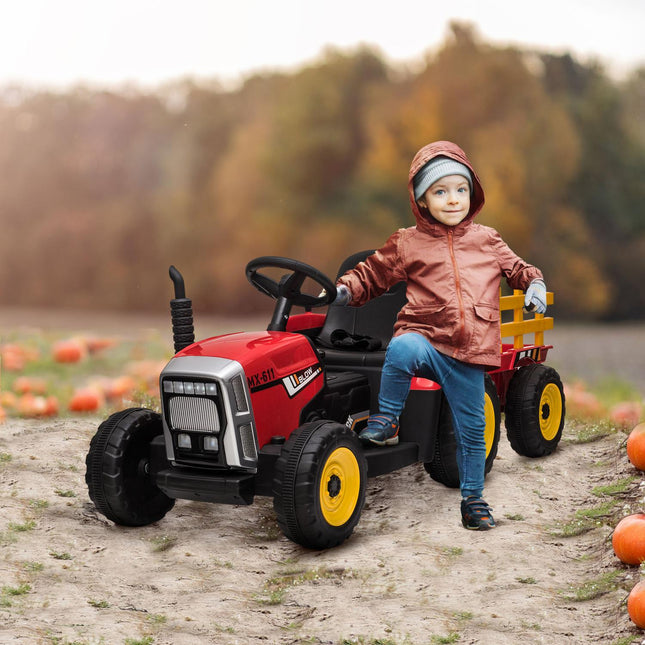 Red electric tractor car for children with trailer and remote control
