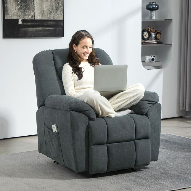 Elektrische relaxstoel, tv-stoel met ligfunctie, warmtefunctie, massagestoel met zijvak, ligstoel met USB-poorten, pocketvering voor woonkamer, donkergrijs
