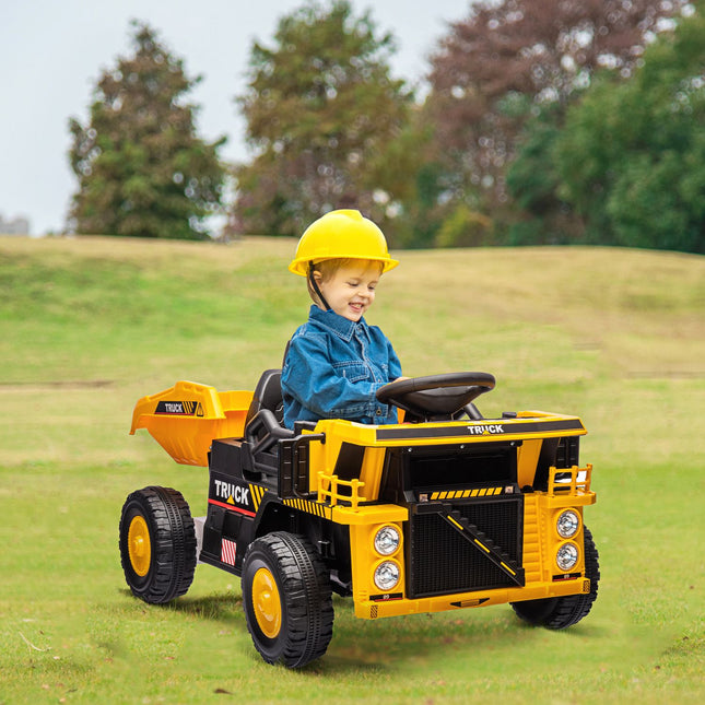 Electric ride-on tractor for children with shovel, yellow