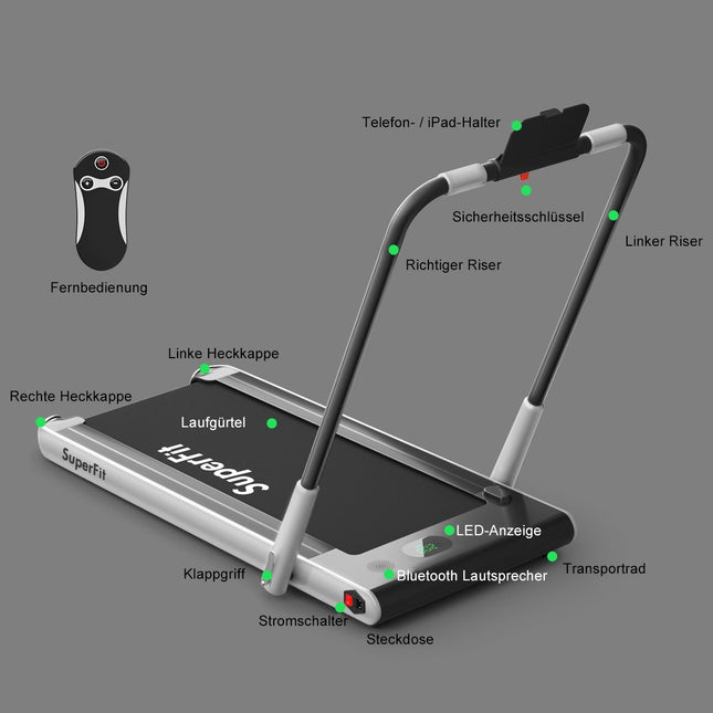 Elektrische loopband met verstelbare snelheid, afstandsbediening, Bluetooth-vouwfunctie, zilver