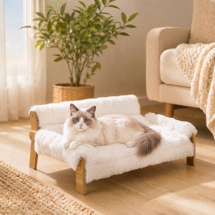 Elevated Cat Bed with Wood Frame, Removable Plush Cover
