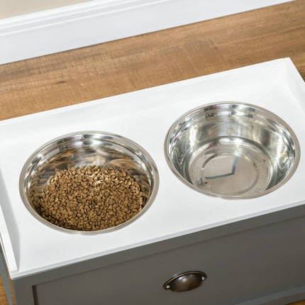 Elevated Dog Feeder with Storage & 2 Stainless Bowls, White