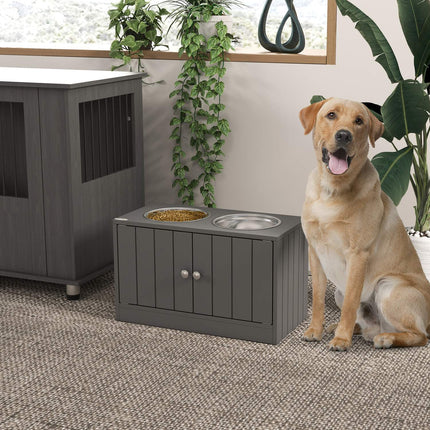 Elevated Dog Feeding Station with Storage, Stainless Bowls