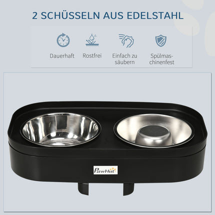 Adjustable elevated dog feeding station with 2 stainless steel bowls