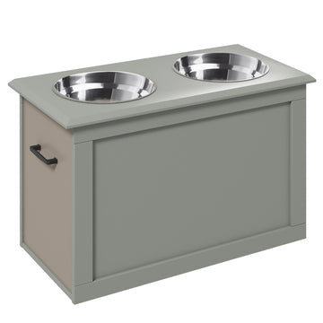 Elevated Pet Feeder with Storage, 2 Stainless Bowls, Grey