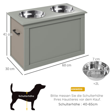 Elevated Pet Feeder with Storage, 2 Stainless Bowls, Grey