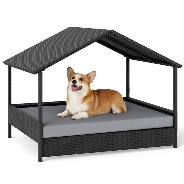 Elevated Rattan Dog Sofa with Canopy for Pets Up to 60kg