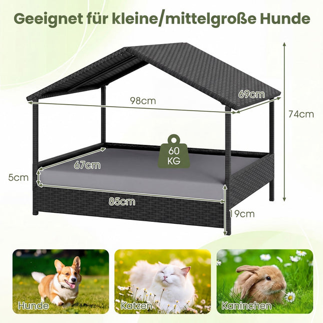 Elevated Rattan Dog Sofa with Canopy for Pets Up to 60kg