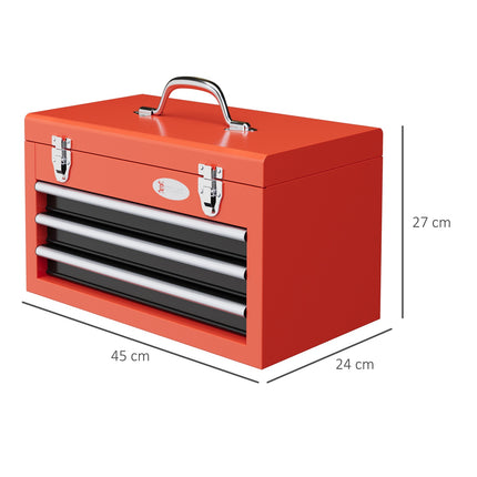 Red steel tool box with 3 drawers - 45 x 24 x 27 cm
