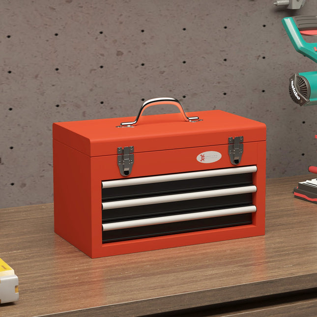 Red steel tool box with 3 drawers - 45 x 24 x 27 cm