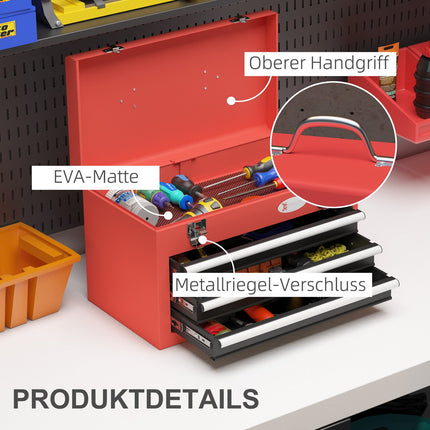 Red steel tool box with 3 drawers - 45 x 24 x 27 cm