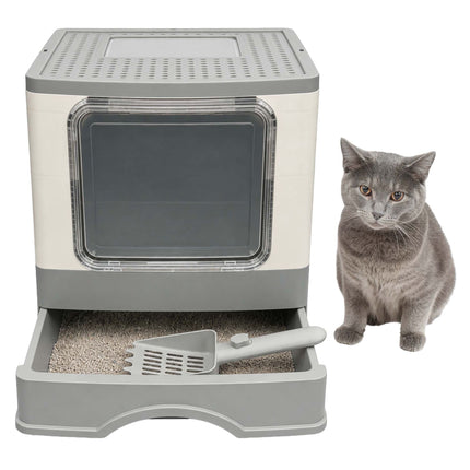 Enclosed Cat Litter Tray with Drawer, Foldable Design