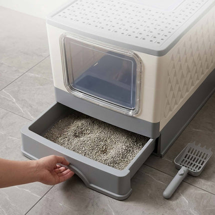 Enclosed Cat Litter Tray with Drawer, Foldable Design