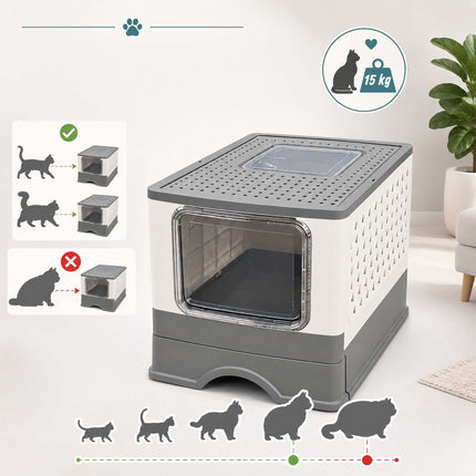 Enclosed Cat Litter Tray with Drawer, Foldable Design