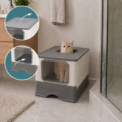 Enclosed Cat Litter Tray with Drawer, Foldable Design