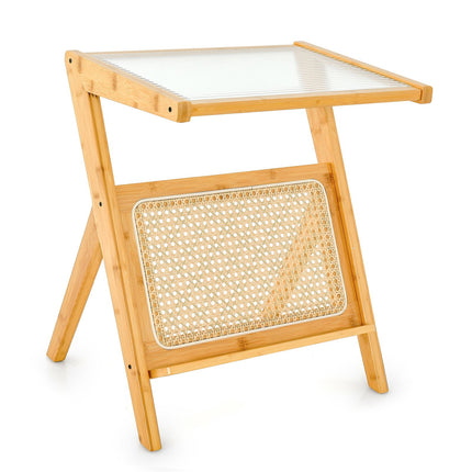 End Table With Magazine Rack, Tempered Glass Top, Bamboo