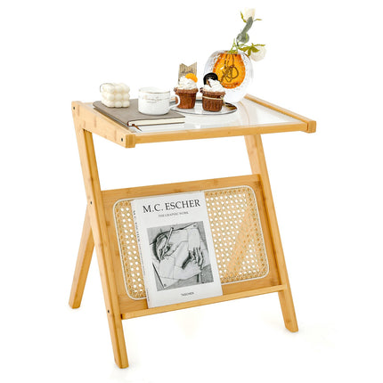End Table With Magazine Rack, Tempered Glass Top, Bamboo