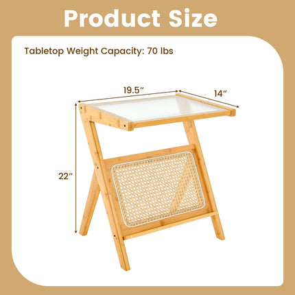 End Table With Magazine Rack, Tempered Glass Top, Bamboo