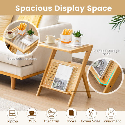 End Table With Magazine Rack, Tempered Glass Top, Bamboo