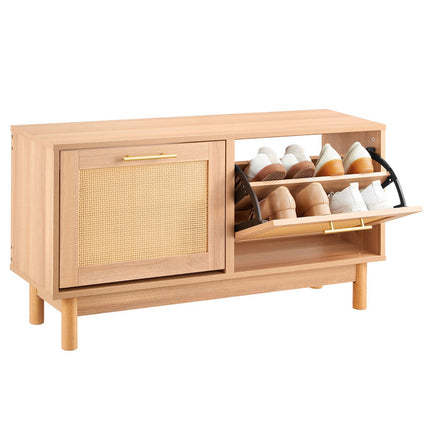 Entryway Shoe Bench, 2 Flip Drawers, Rattan Doors, 300 lb