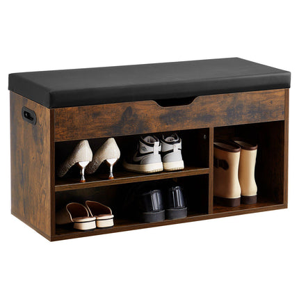 Entryway Shoe Bench With Lift-Top Storage, 3 Cabinets, Cushion Seat