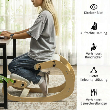 Ergonomic Kneeling Chair, Adjustable Birch Wood Base, Cream
