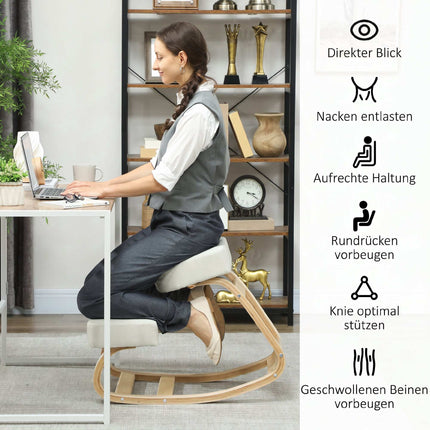 Ergonomic Kneeling Chair, Birch Wood, Cream White, 120kg Capacity
