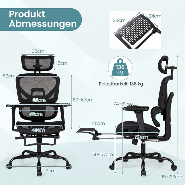 Ergonomic Mesh Office Chair with Footrest, Black