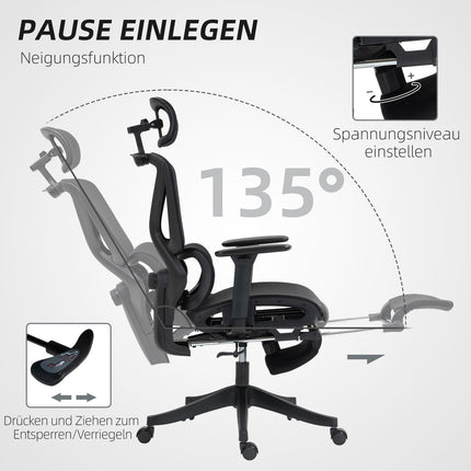 Ergonomic Office Chair, Adjustable, 135° Recline, Black