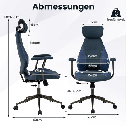 Ergonomic Office Chair, Adjustable Headrest, Blue Linen